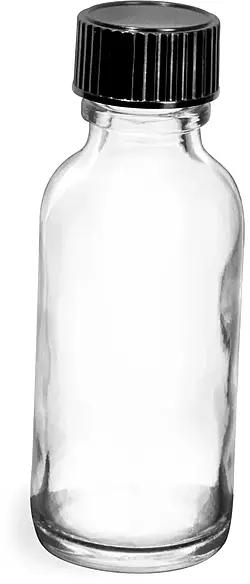 1 oz  Clear Glass Round Bottles w/ Black Phenolic Cone Lined Caps