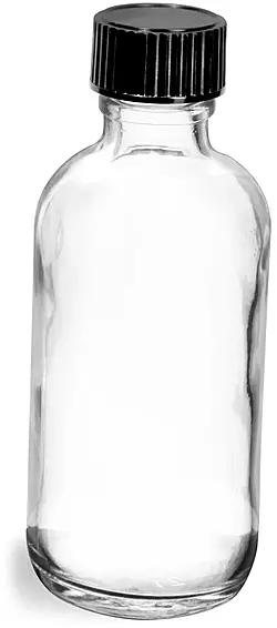 2 oz  Clear Glass Round Bottles w/ Black Phenolic Cone Lined Caps