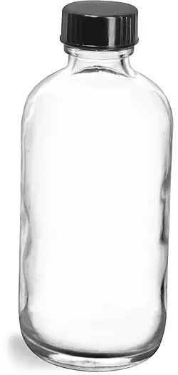4 oz  Clear Glass Round Bottles w/ Black Phenolic Cone Lined Caps