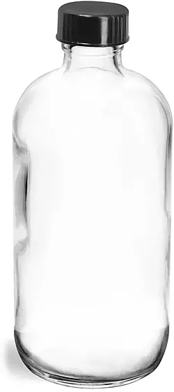 8 oz  Clear Glass Round Bottles w/ Black Phenolic Cone Lined Caps