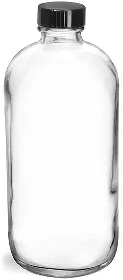 16 oz  Clear Glass Round Bottles w/ Black Phenolic Cone Lined Caps