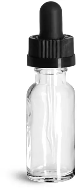 1/2 oz Glass Bottles, Clear Glass Boston Round Bottles w/ Black Child Resistant Glass Droppers