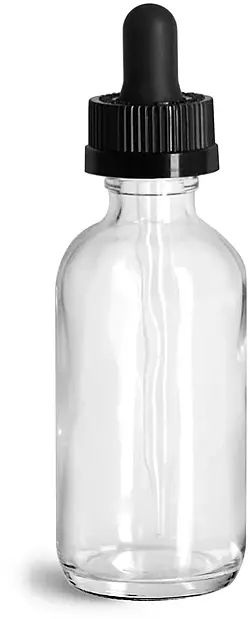2 oz Glass Bottles, Clear Glass Boston Round Bottles w/ Black Child Resistant Glass Droppers