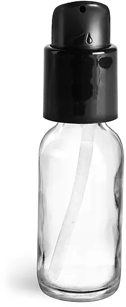 1 oz  Clear Glass Boston Round Bottles w/ Black Treatment Pumps