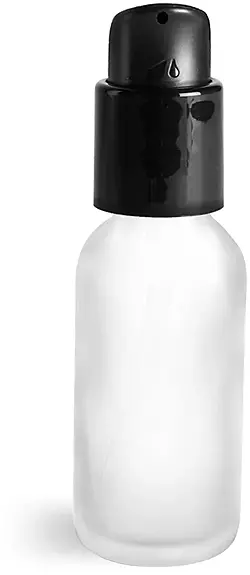 1 oz Glass Bottles, Frosted Glass Boston Round Bottles w/ Black Pumps