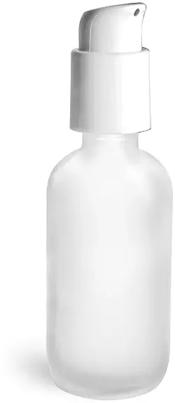 2 oz Frosted Glass Boston Round Bottles w/ White Treatment Pumps