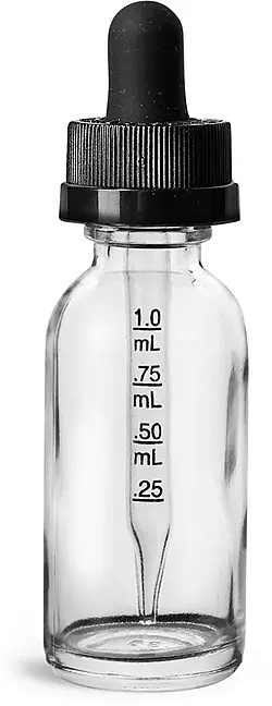 1 oz Clear Glass Boston Round Bottles w/ Black Child Resistant Graduated Glass Droppers