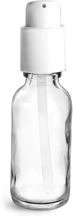 1 oz  Clear Glass Boston Round Bottles w/ White Treatment Pumps
