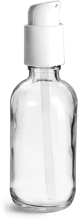 2 oz Clear Glass Bottles, Boston Round Bottles w/ White Treatment Pumps