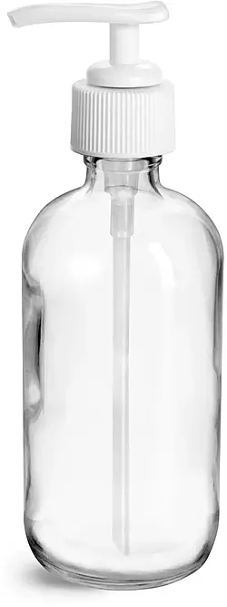 8 oz Clear Glass Bottles, Boston Round Bottles w/ White Lotion Pumps