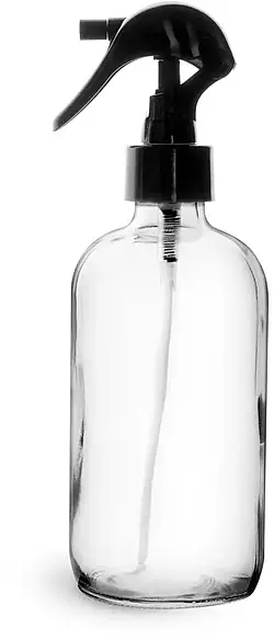 8 oz Clear Glass Boston Round Bottles w/ Black Polypropylene Mini Trigger Sprayers