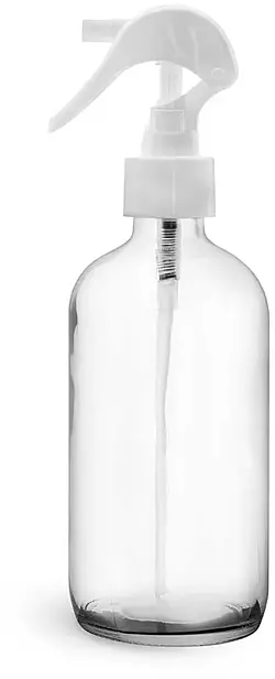 8 oz Clear Glass Boston Round Bottles w/ White Polypropylene Mini Trigger Sprayers