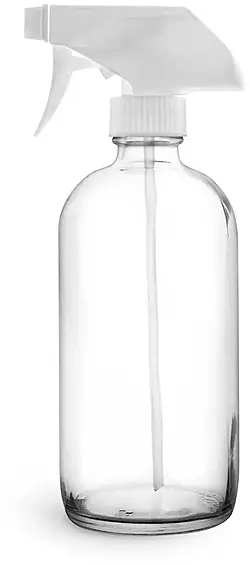 16 oz Clear Glass Boston Round Bottles w/ White Polypropylene Trigger Sprayers