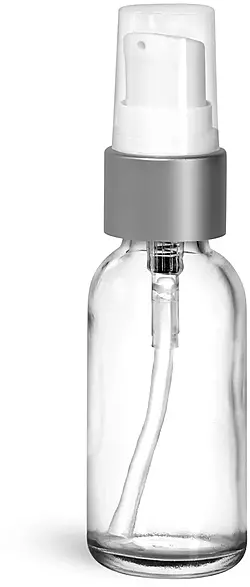 1 oz Clear Glass Boston Round Bottles w/ Brushed Aluminum Pumps