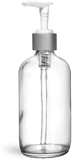 8 oz Clear Glass Boston Round Bottles w/ Brushed Aluminum Pumps