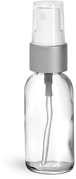 1 oz Glass Bottles, Clear Glass Boston Round Bottles w/ Brushed Aluminum Sprayers