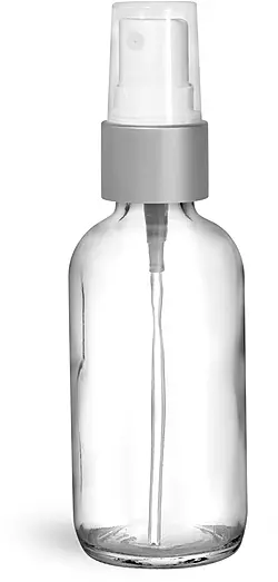 2 oz Glass Bottles, Clear Glass Boston Round Bottles w/ Brushed Aluminum Sprayers