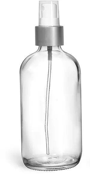 8 oz Glass Bottles, Clear Glass Boston Round Bottles w/ Brushed Aluminum Sprayers