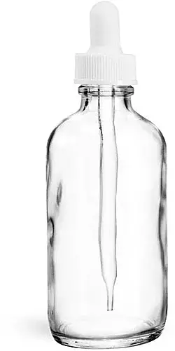 4 oz Clear Glass Boston Round Bottles w/ White Bulb Glass Droppers