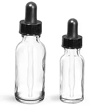 1/2 oz  Clear Glass Round Bottles w/ Black Bulb Glass Droppers