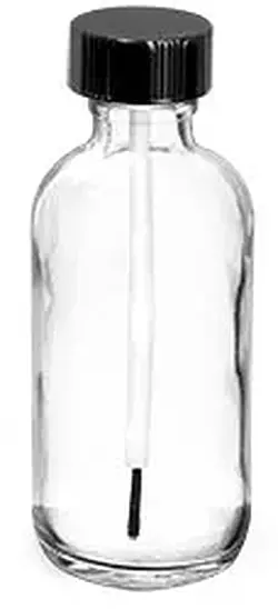 2 oz      Clear Glass Boston Round Bottles w/ Black Brush Caps