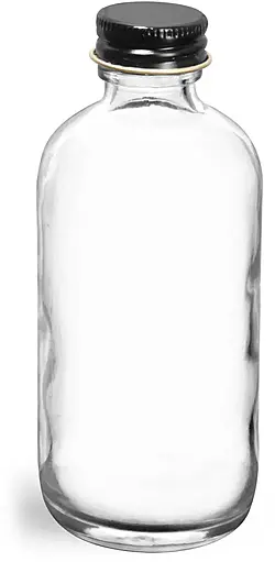 4 oz  Clear Glass Round Bottles w/ Foil Lined Black Metal Caps