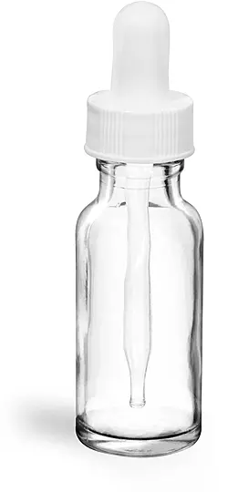 1/2 oz   Clear Glass Round Bottles w/ White Bulb Glass Droppers