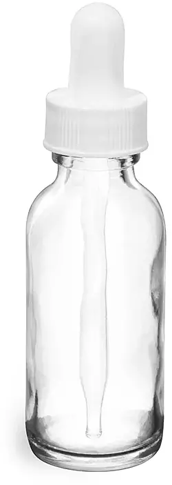 1 oz   Clear Glass Round Bottles w/ White Bulb Glass Droppers