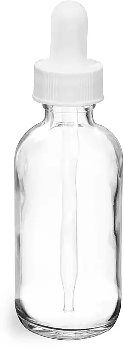 2 oz    Clear Glass Round Bottles w/ White Bulb Glass Droppers