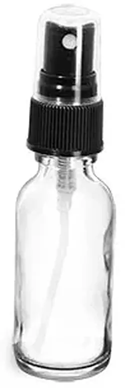 1 oz     Clear Glass Round Bottles w/ Black Fine Mist Sprayers