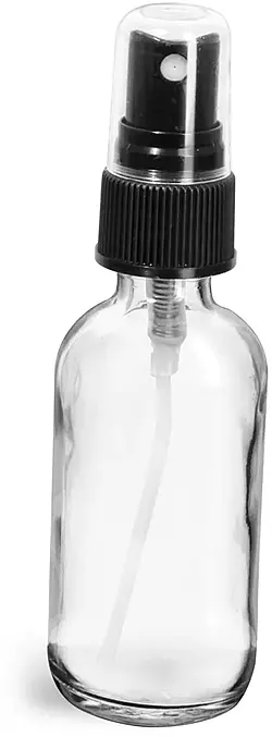 2 oz     Clear Glass Round Bottles w/ Black Fine Mist Sprayers