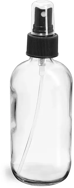 8 oz     Clear Glass Round Bottles w/ Black Fine Mist Sprayers