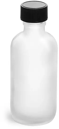 2 oz         Frosted Glass Round Bottles w/ Black Phenolic Cone Lined Caps