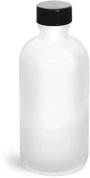 4 oz         Frosted Glass Round Bottles w/ Black Phenolic Cone Lined Caps
