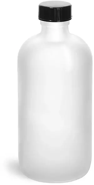 8 oz         Frosted Glass Round Bottles w/ Black Phenolic Cone Lined Caps