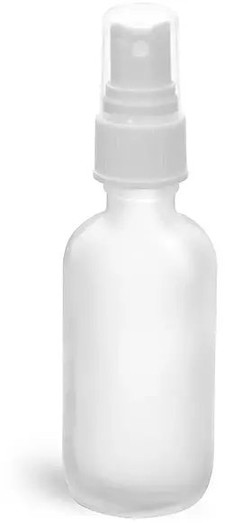 2 oz Clear Frosted Glass Boston Round Bottles w/ White Sprayers