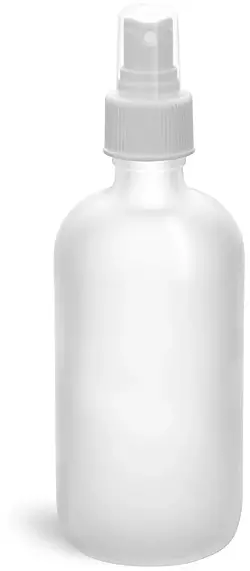 8 oz Clear Frosted Glass Boston Round Bottles w/ White Sprayers