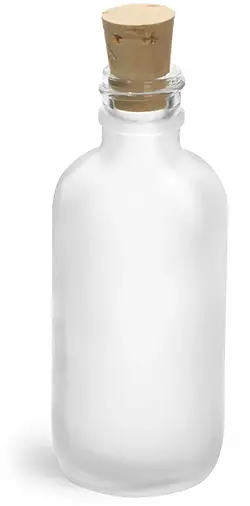 2 oz Frosted Glass Boston Round Bottles w/ Cork Stoppers
