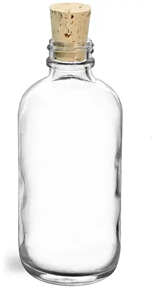 4 oz Clear Glass Boston Round Bottles w/ Cork Stoppers