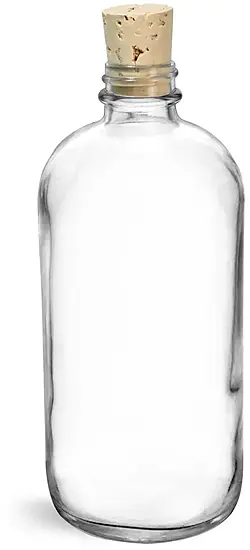 16 oz Clear Glass Boston Round Bottles w/ Cork Stoppers