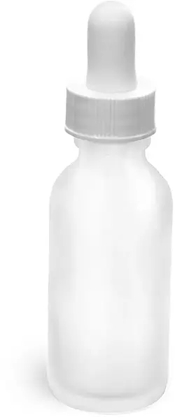 1 oz Glass Bottles, Frosted Glass Rounds w/ White Bulb Glass Droppers