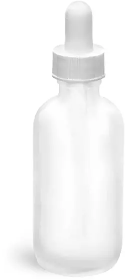 2 oz Glass Bottles, Frosted Glass Rounds w/ White Bulb Glass Droppers