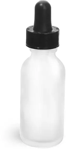 1 oz Glass Bottles, Frosted Glass Rounds w/ Black Bulb Glass Droppers