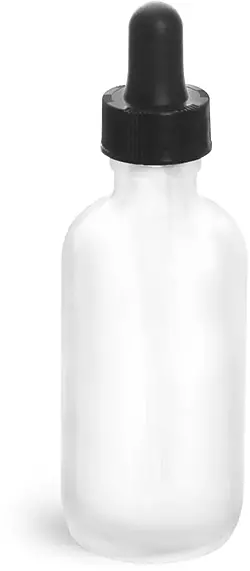 2 oz Glass Bottles, Frosted Glass Rounds w/ Black Bulb Glass Droppers