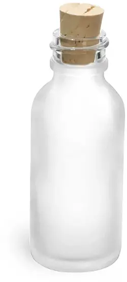 1 oz Frosted Glass Boston Round Bottles w/ Cork Stoppers
