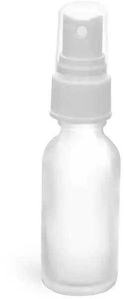 1 oz Clear Frosted Glass Boston Round Bottles w/ White Sprayers