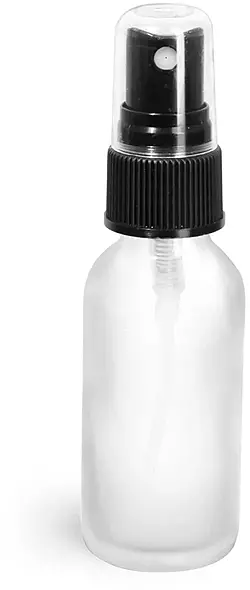 1 oz Frosted Glass Round Bottles w/ Black Fine Mist Sprayers