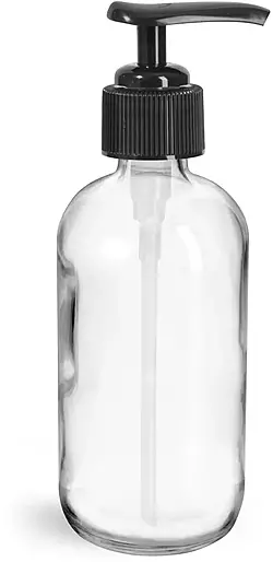 8 oz Glass Bottles, Clear Glass Rounds w/ Black Pumps