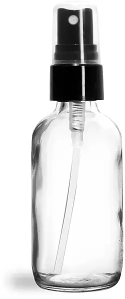 2 oz Glass Bottles, Clear Glass Boston Round Bottles w/ Smooth Black Fine Mist Sprayers