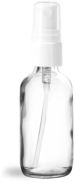 2 oz Glass Bottles, Clear Glass Boston Round Bottles w/ White Smooth Sprayers